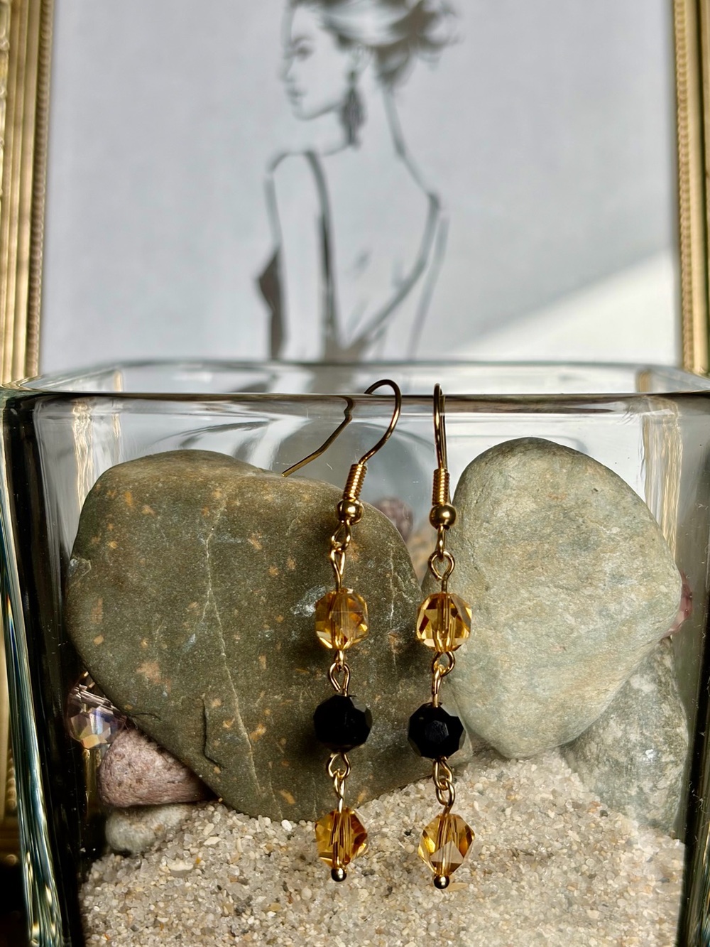 Gold-Tone Yellow and Black Bead Drop Earrings — Elegant Dangle Pair